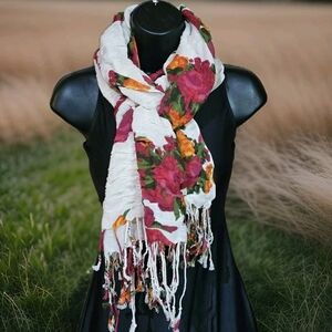 Mark. by Avon Scarf Cotton Floral Pattern Fringe Runched Gauze EUC